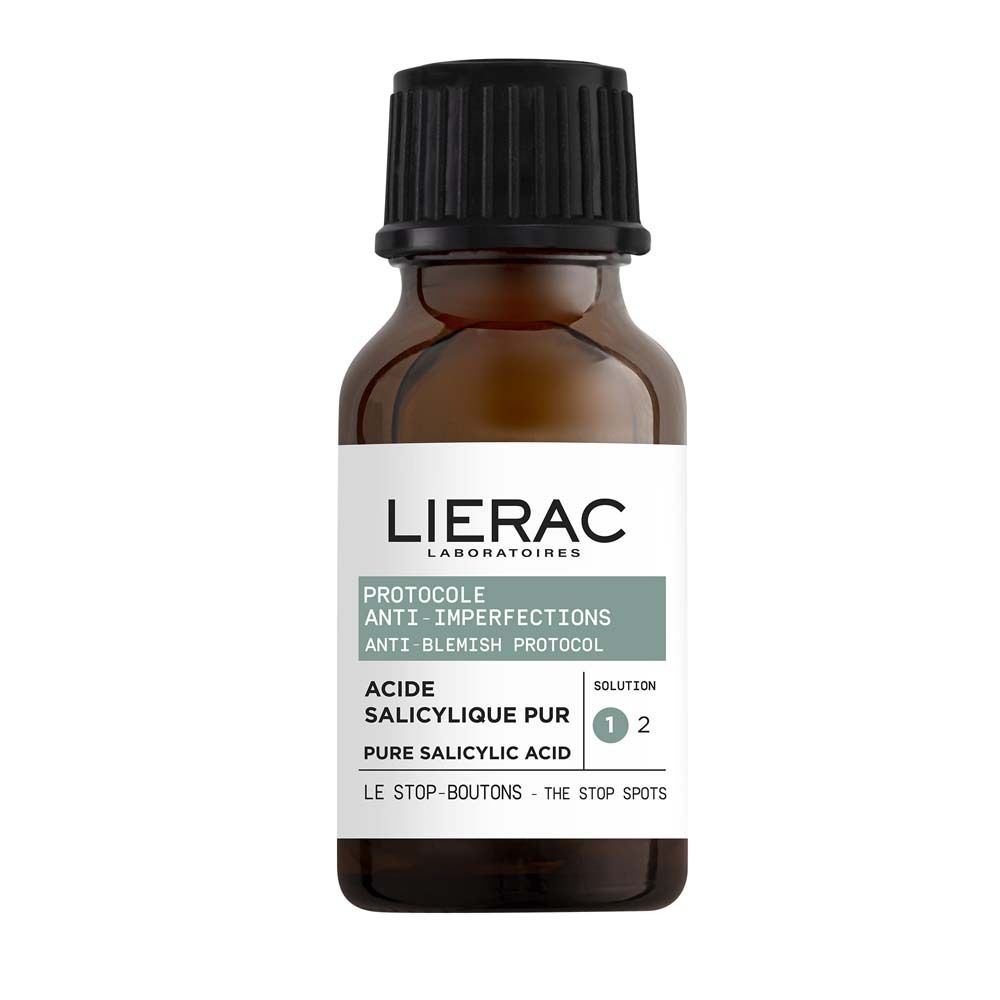 Flacon en verre brun avec bouchon noir. Étiquette LIERAC et informations produit. Contient de l'acide salicylique pur.