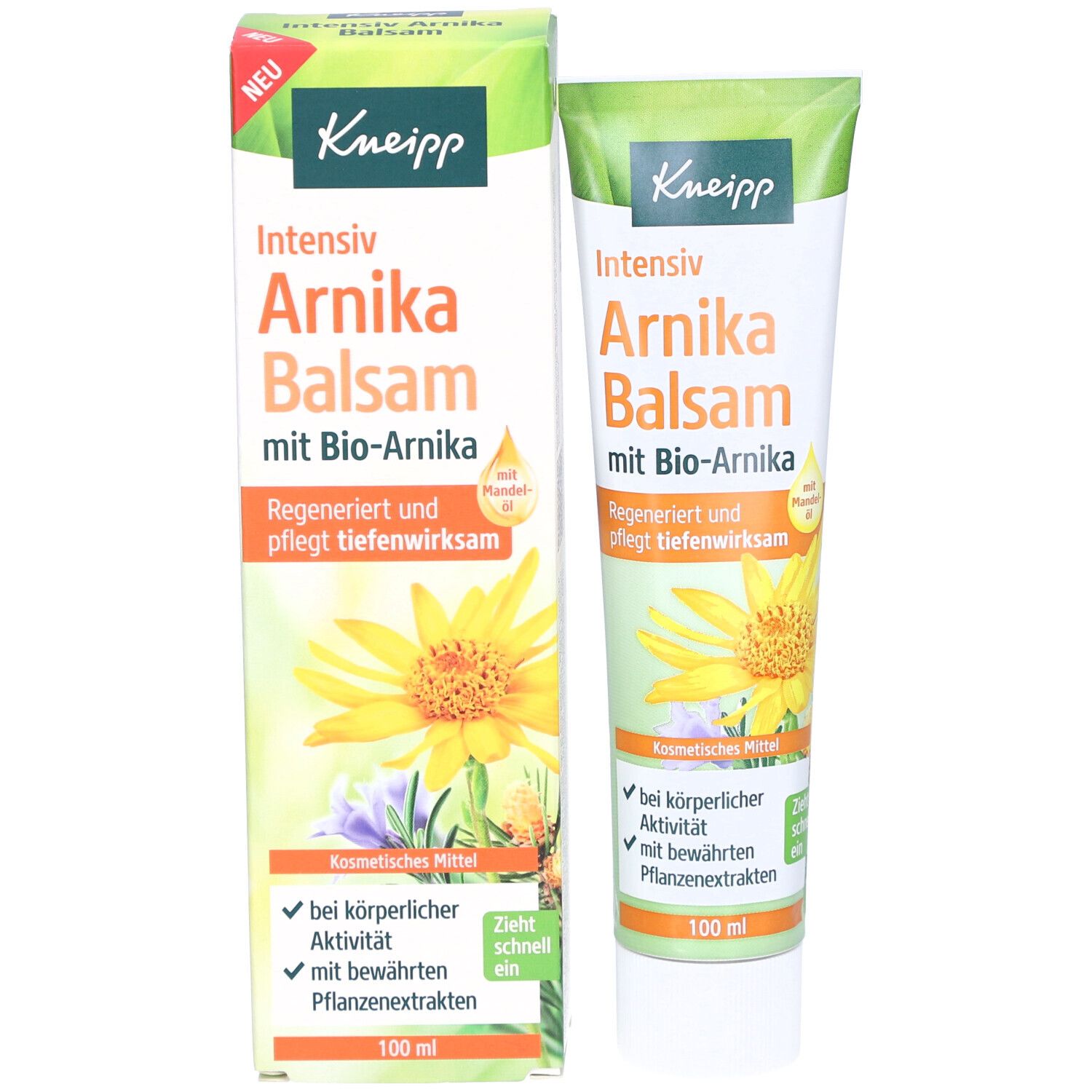 Tube et emballage Kneipp Intensiv Arnika Balsam. Les deux affichent des informations sur le produit et une fleur jaune.