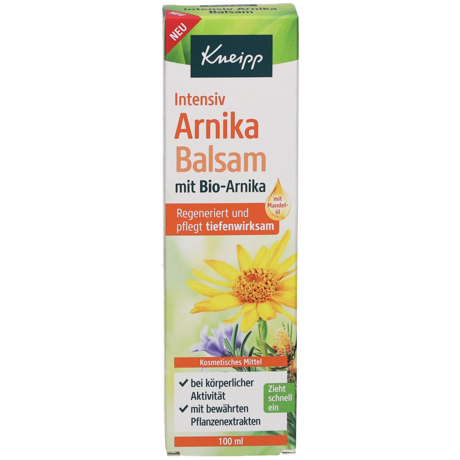 Emballage Kneipp Intensiv Arnika Balsam. Vert et blanc, avec informations produit et une fleur jaune.