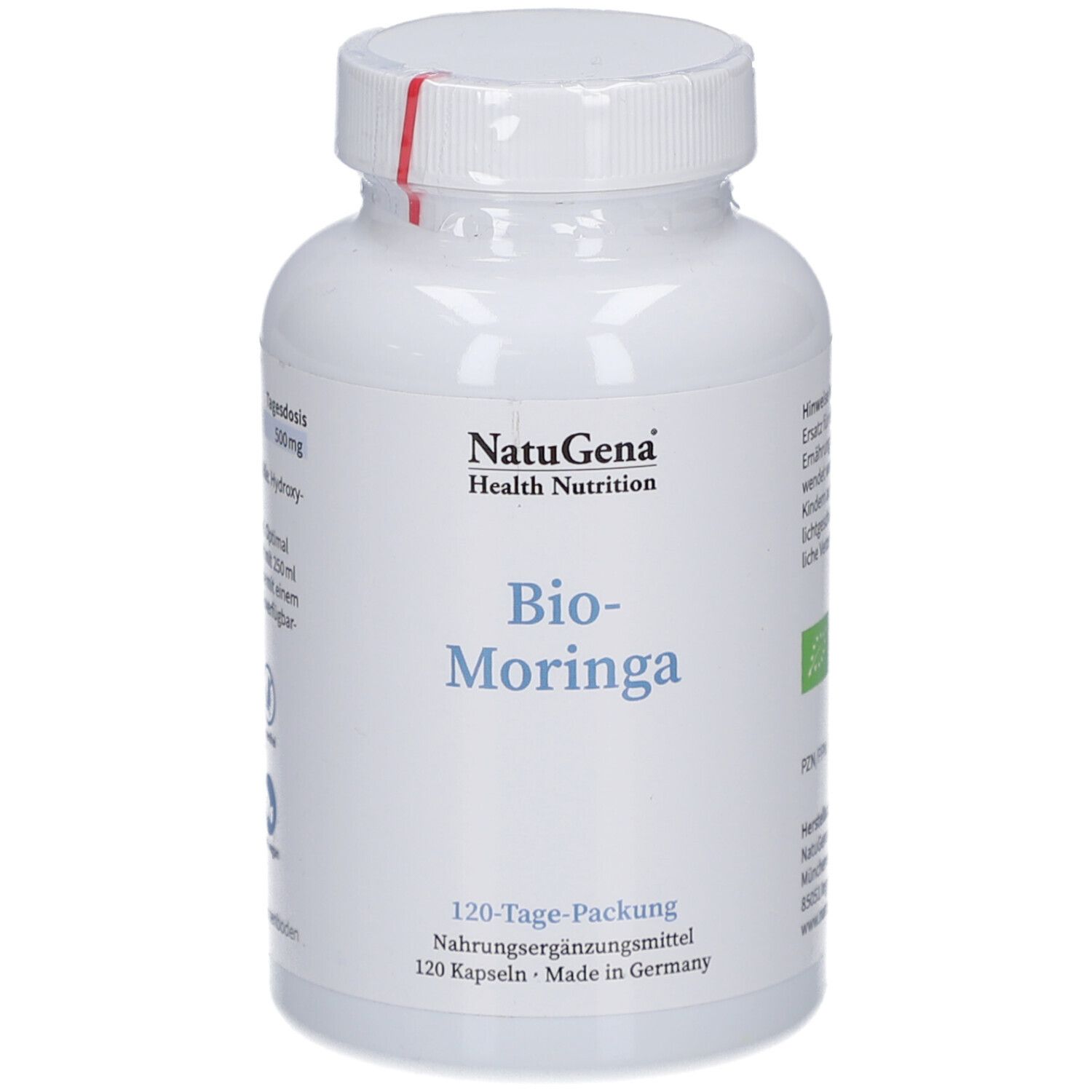 Flacon blanc NatuGena Bio-Moringa. Inscription: Bio-Moringa, 120-Tage-Packung, 120 capsules. Label bio vert.