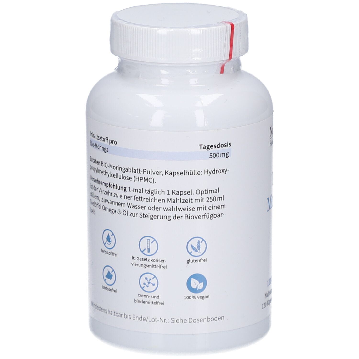 Dos de la bouteille blanche. Texte: Ingrédient par Bio-Moringa, recommandation de consommation. Symboles: sans lactose, sans gluten, vegan.