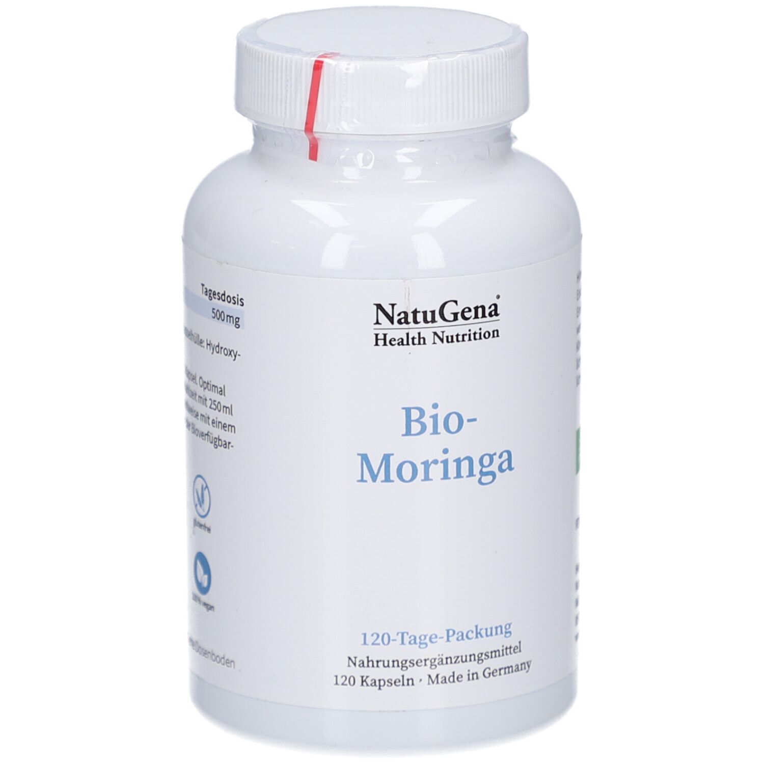 Flacon blanc NatuGena Bio-Moringa. Inscription: Bio-Moringa, 120-Tage-Packung, 120 capsules. Label vegan.