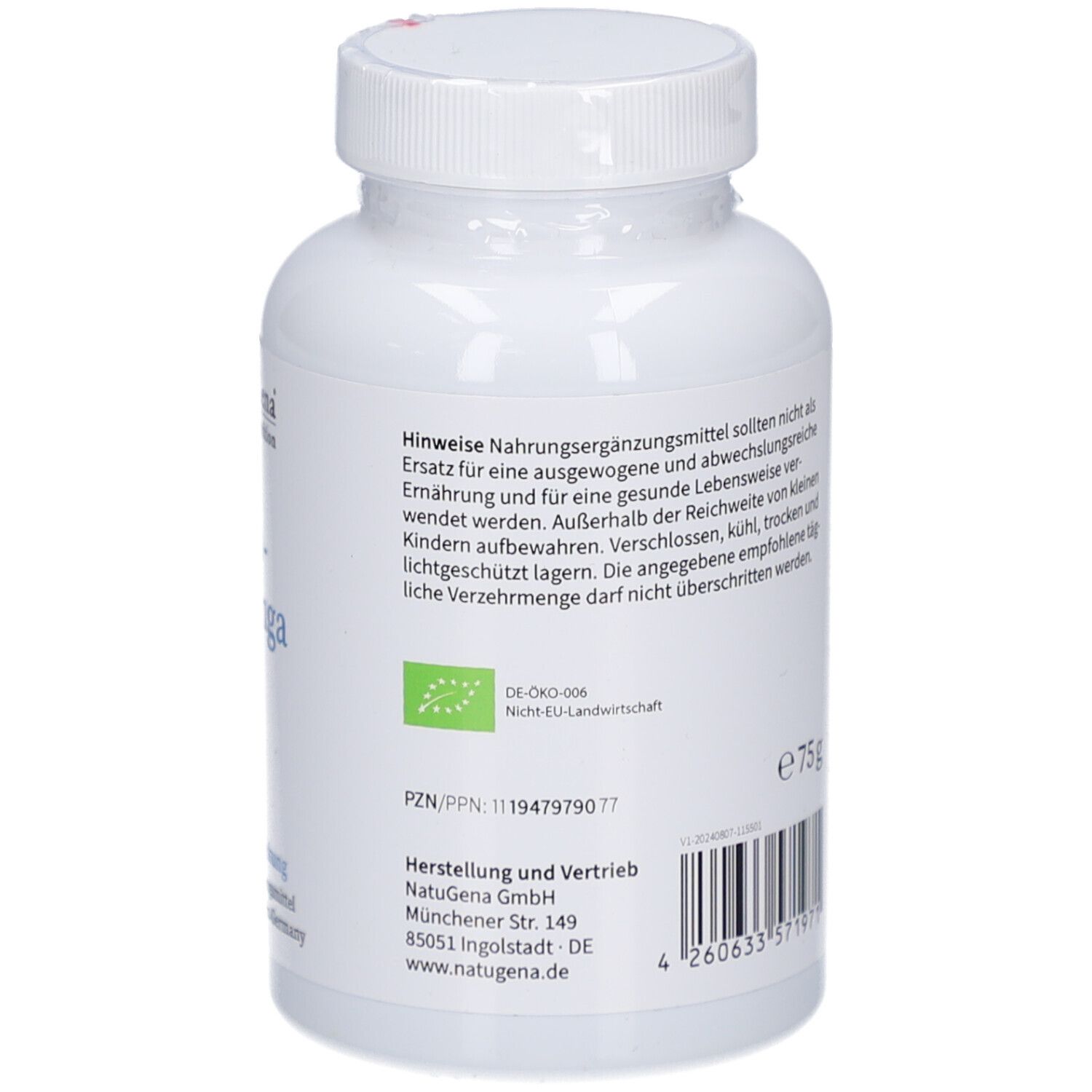 Dos de la bouteille blanche. Texte: DE-ÖKO-006, e 75g, code-barres. Fabricant: NatuGena GmbH.