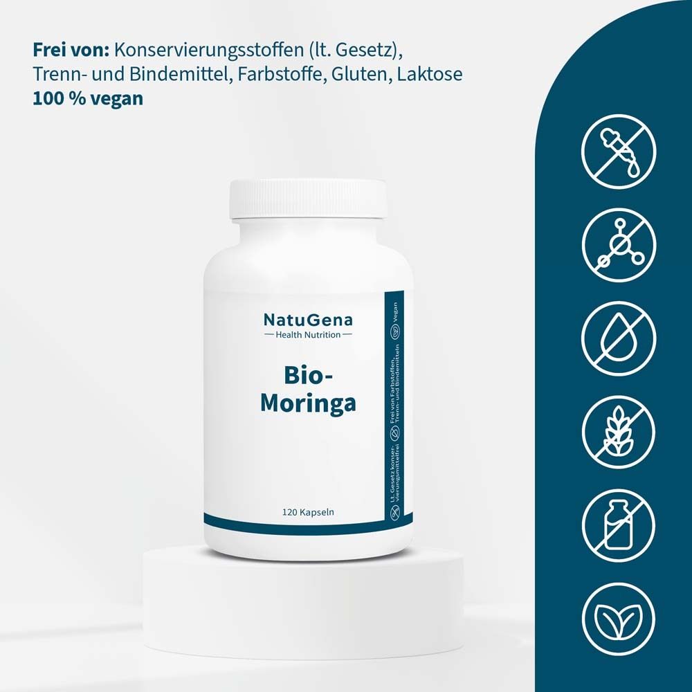 Weiße Flasche mit Kapseln. Aufschrift: NatuGena Bio-Moringa. 120 Kapseln. Vegan-Siegel.