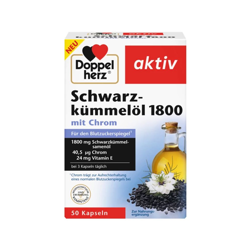 Boîte Doppelherz Schwarzkümmelöl 1800 mit Chrom. Ingrédients : huile de cumin noir, chrome, vitamine E. 50 capsules.