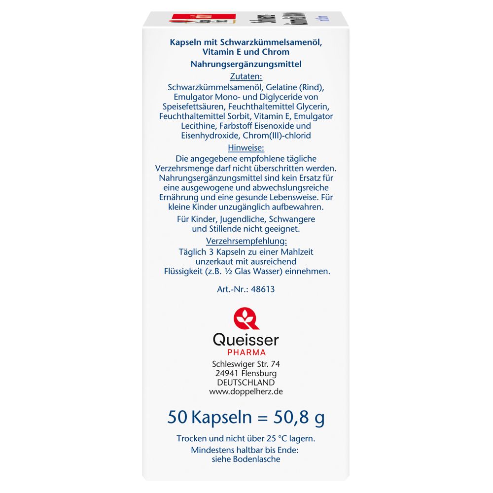 Côté de l'emballage Doppelherz Schwarzkümmelöl 1800 mit Chrom. Liste des ingrédients, adresse du fabricant et poids.