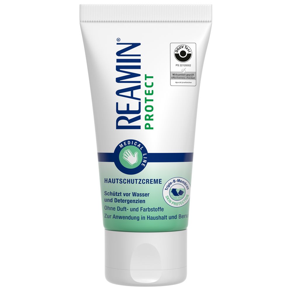 Tube de crème REAMIN Protect. Blanc, texte bleu et vert. Crème protectrice pour les mains abîmées. Logo et certifications visibles.