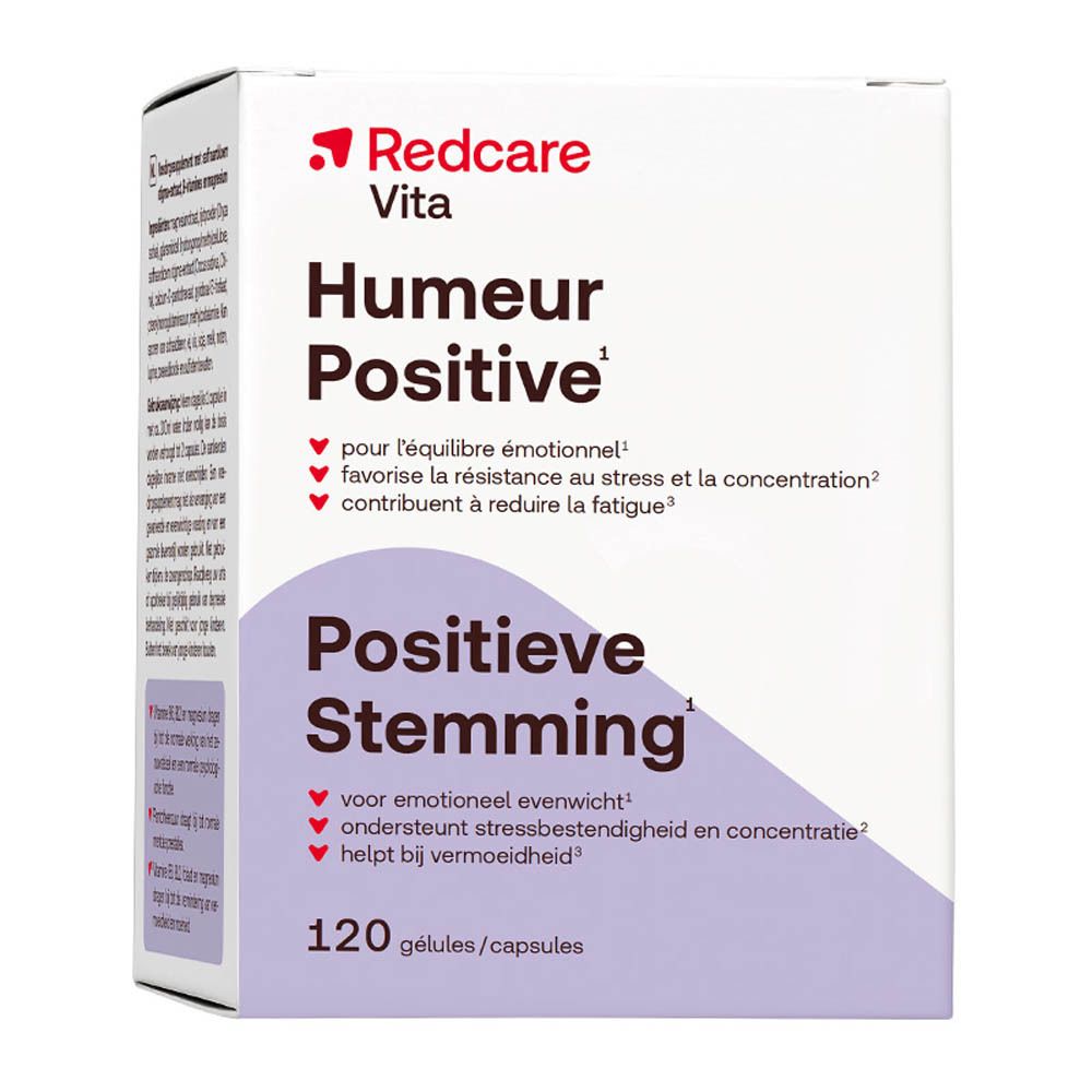 Face avant de la boîte Redcare Vita Humour Positive, 120 gélules. Inscriptions en français et néerlandais.