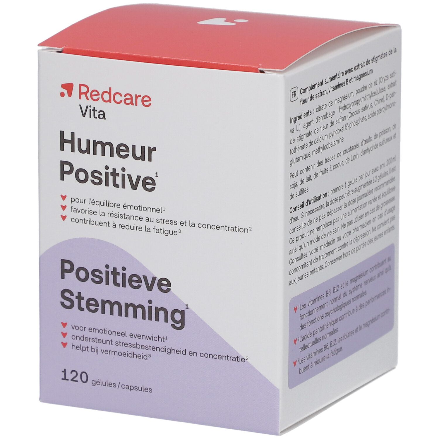 Kartonverpackung von Redcare Vita Humour Positive, 120 Kapseln. Text in Französisch und Niederländisch.