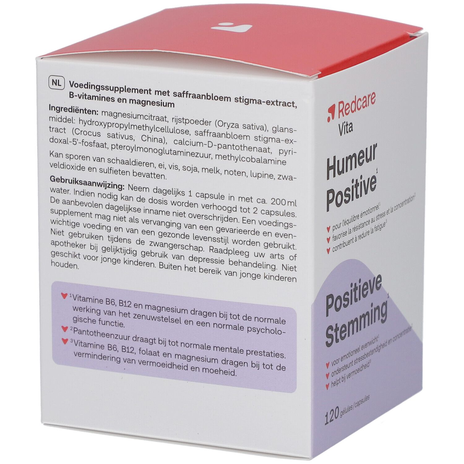 Rückseite der Verpackung von Redcare Vita Humour Positive. Enthält Informationen zu Inhaltsstoffen und Dosierung.