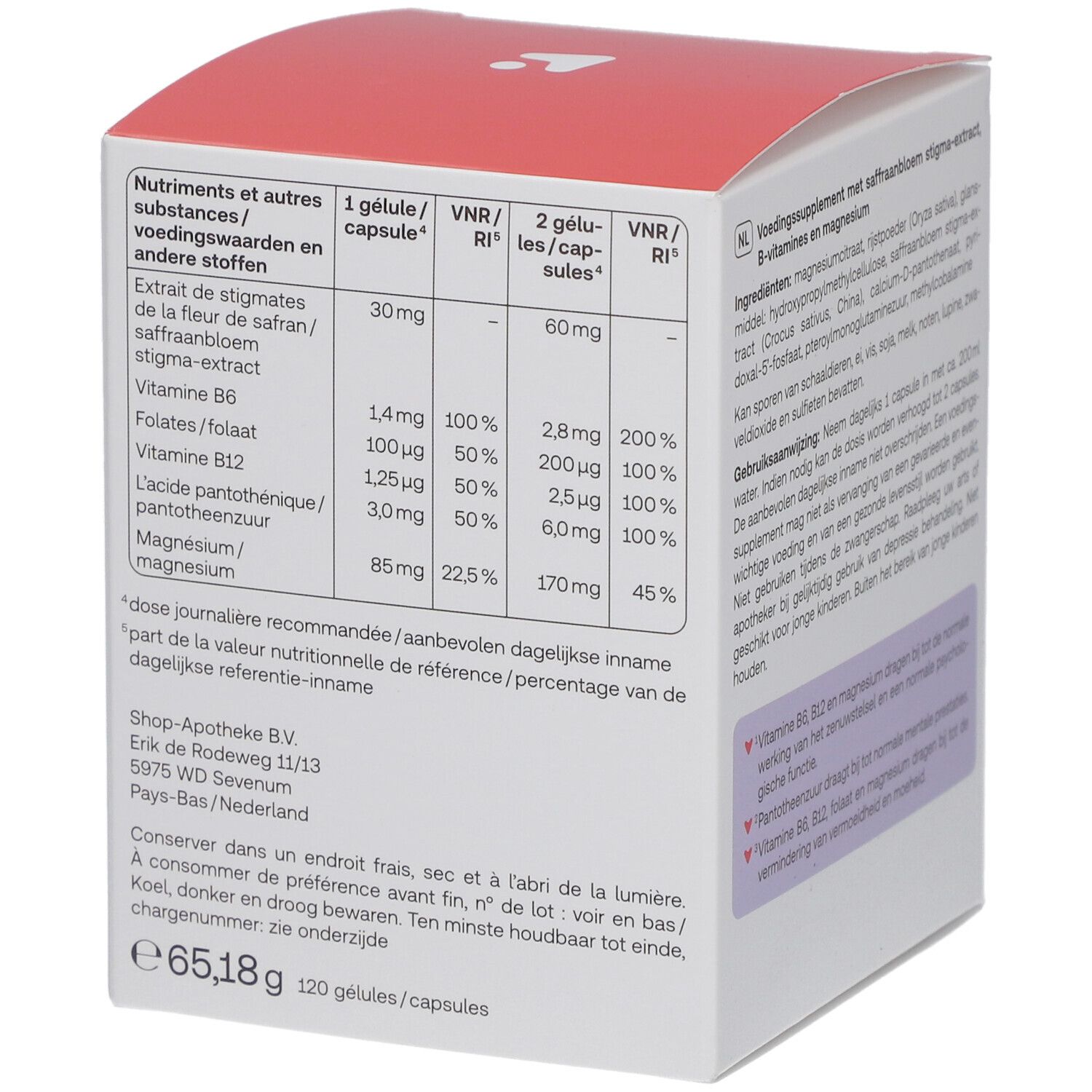 Rückseite der Verpackung von Redcare Vita Humour Positive. Enthält Informationen zu Inhaltsstoffen und Dosierung.