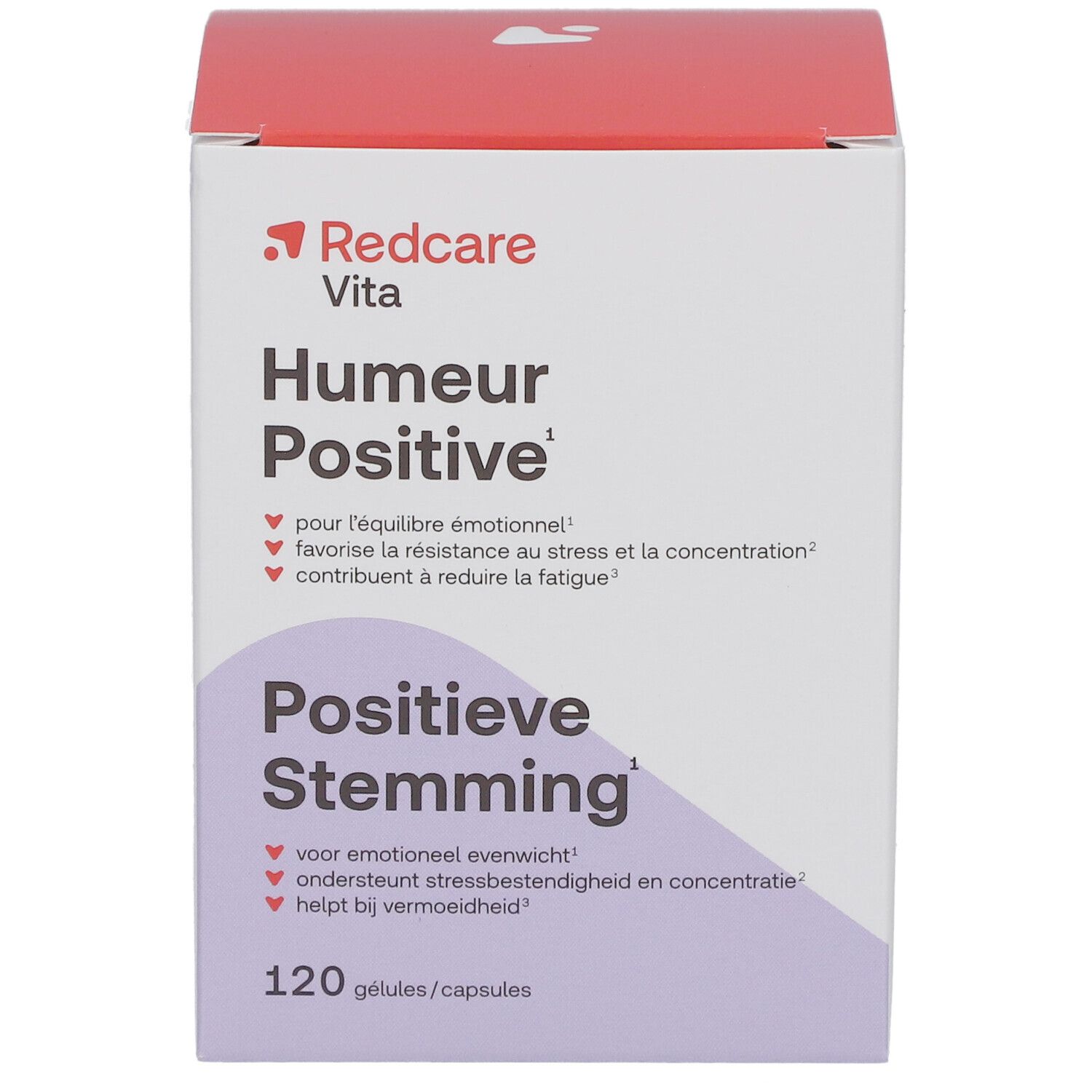 Vorderseite der Verpackung von Redcare Vita Humour Positive, 120 Kapseln. Text in Französisch und Niederländisch.