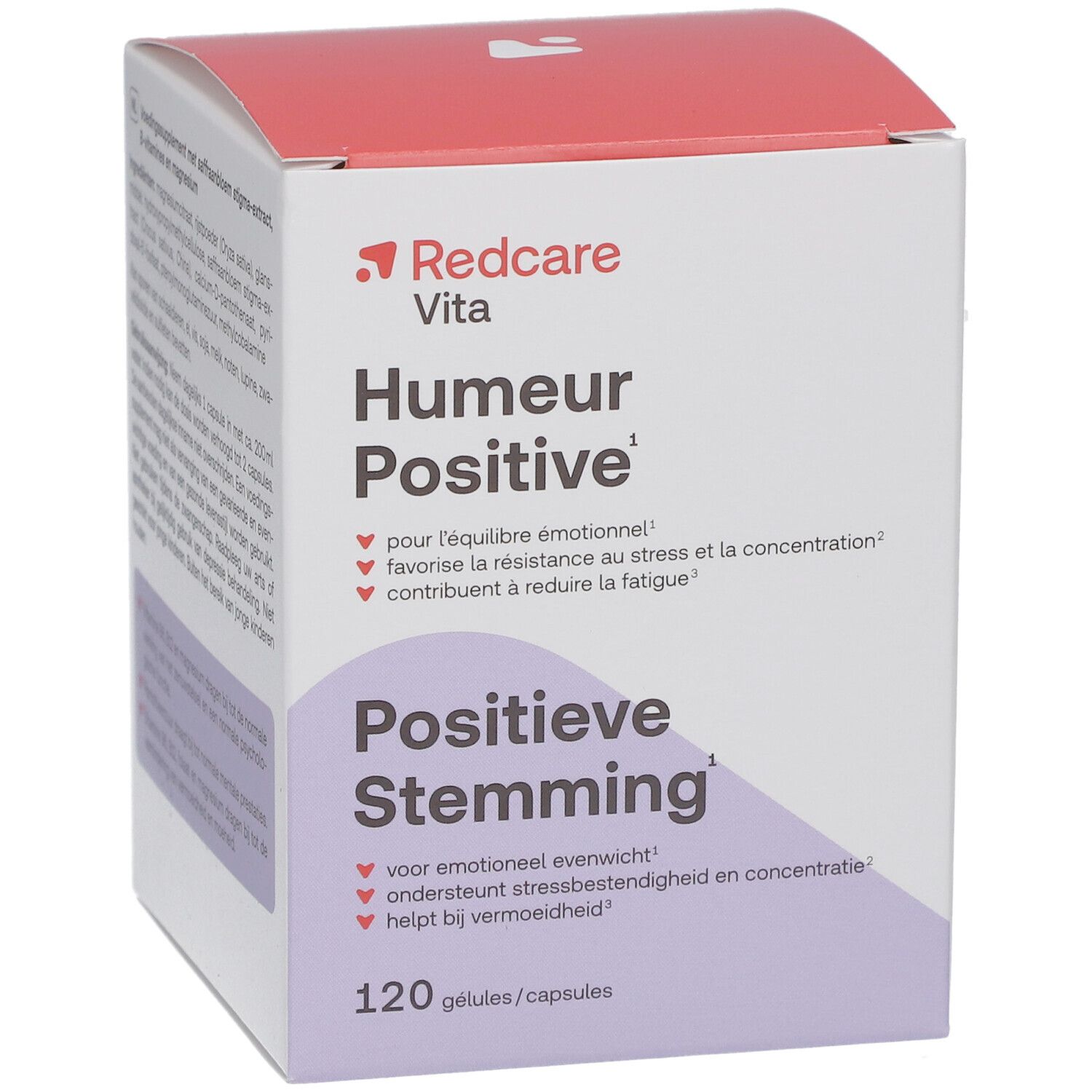 Vorderseite der Verpackung von Redcare Vita Humour Positive, 120 Kapseln. Text in Französisch und Niederländisch.