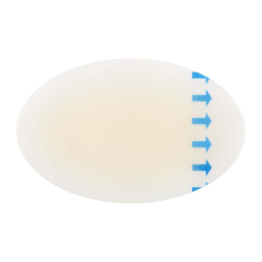 Ovaler, transparenter Blasenpflaster. Mit blauen Pfeilen zur Anwendung.