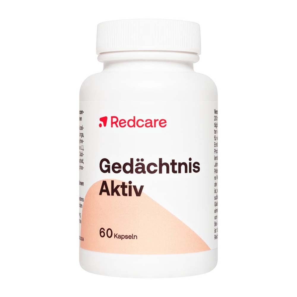 Flacon blanc de gélules. Inscription: Redcare Gedächtnis Aktiv, 60 gélules.