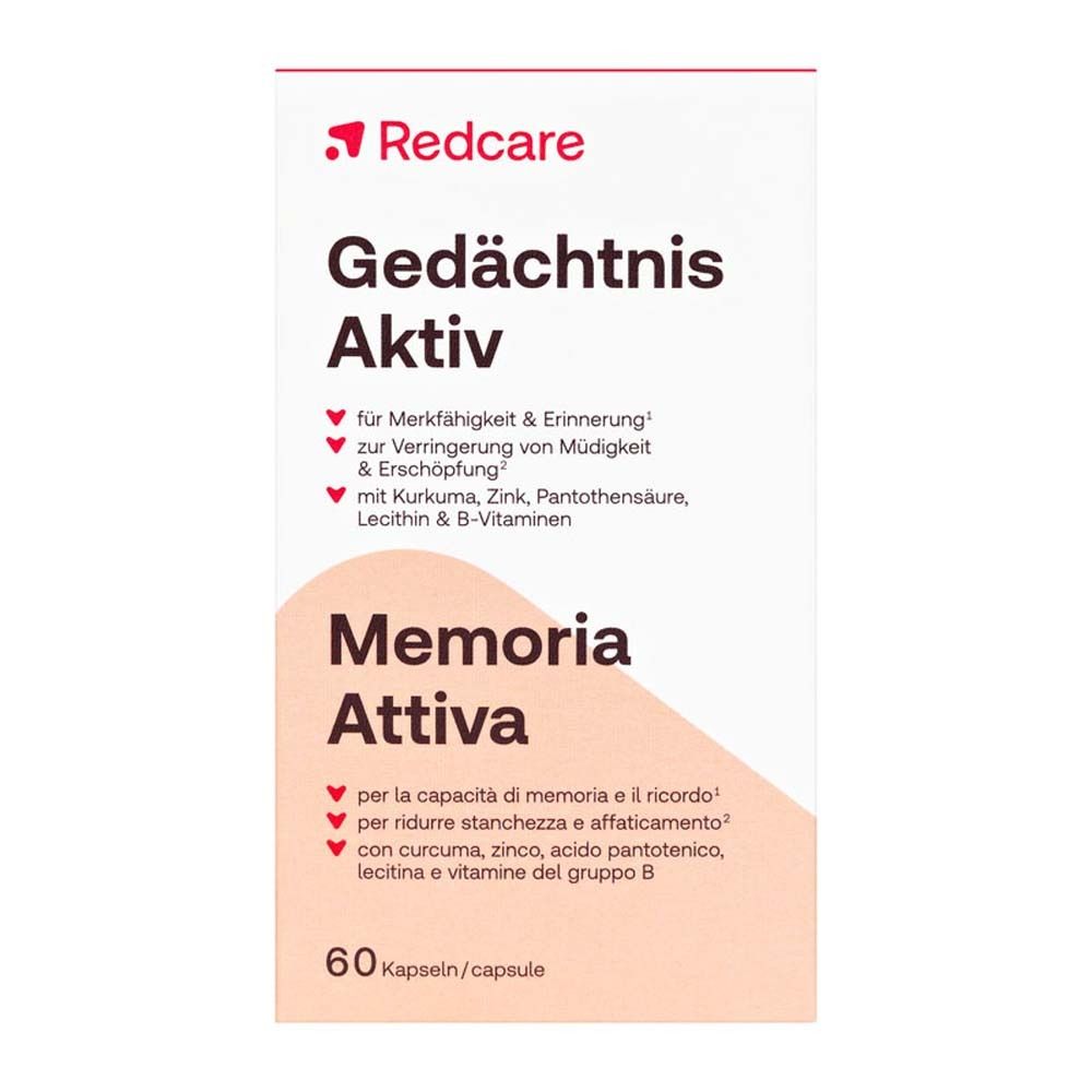 Boîte pliante avec inscription: Redcare Gedächtnis Aktiv, Memoria Attiva, 60 gélules.