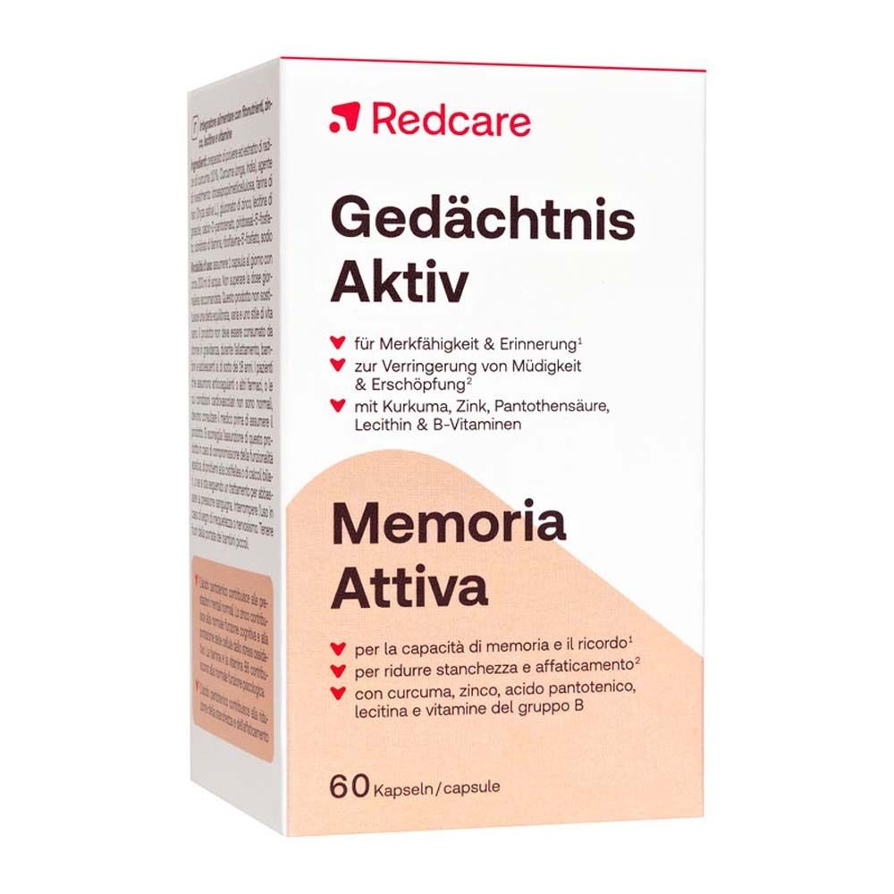 Boîte pliante avec inscription: Redcare Gedächtnis Aktiv, Memoria Attiva, 60 gélules.