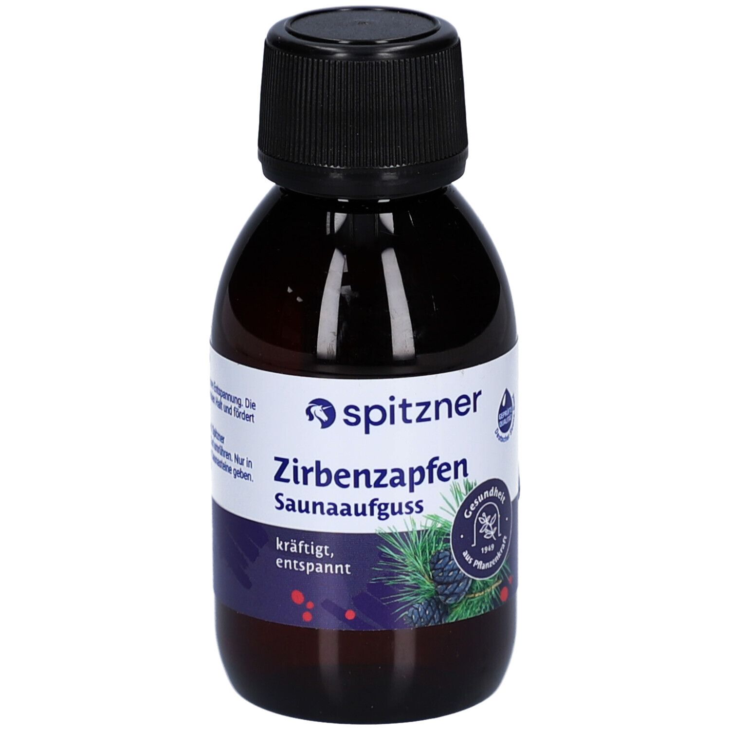 Braune Flasche mit schwarzem Deckel. Etikett mit Produktnamen und Logo. Zirbenzapfen Saunaaufguss.