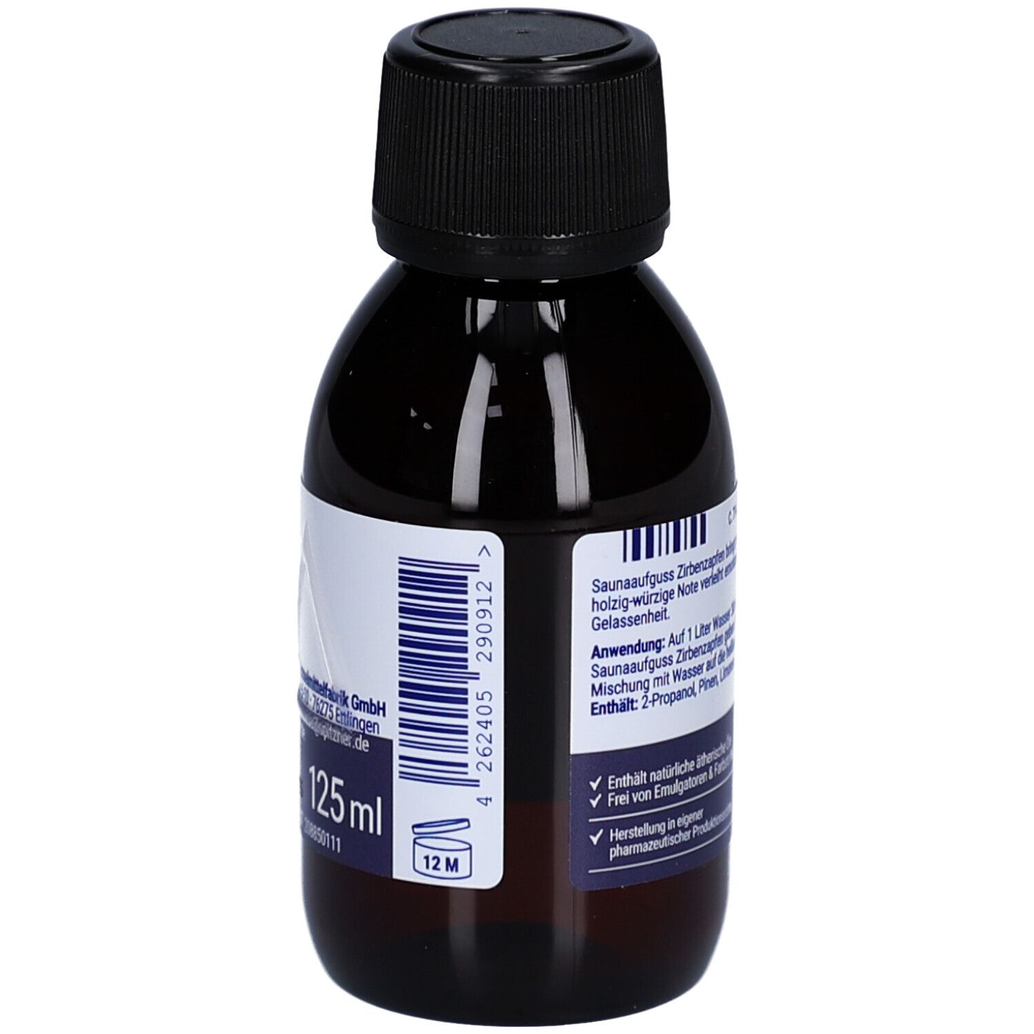 Braune Flasche mit schwarzem Deckel. Etikett mit Barcode und Volumenangabe: 125 ml. Zirbenzapfen Saunaaufguss.