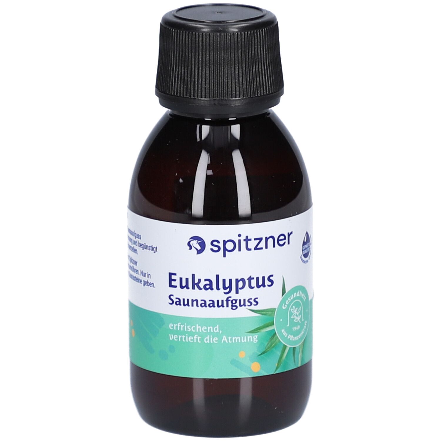 Braune Flasche mit schwarzem Verschluss. Auf dem Etikett steht "spitzner Eukalyptus Saunaaufguss". Grün-weißes Etikett mit Blättern.