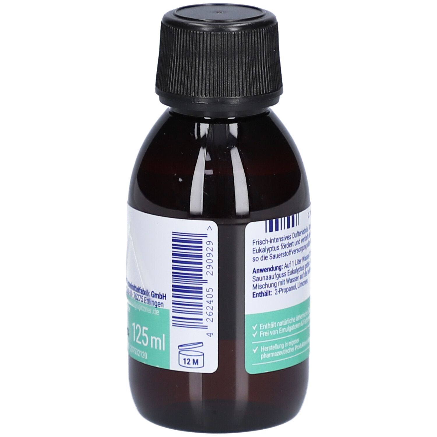 Braune Flasche mit schwarzem Verschluss. Auf dem Etikett steht "125 ml". Barcode und Text.