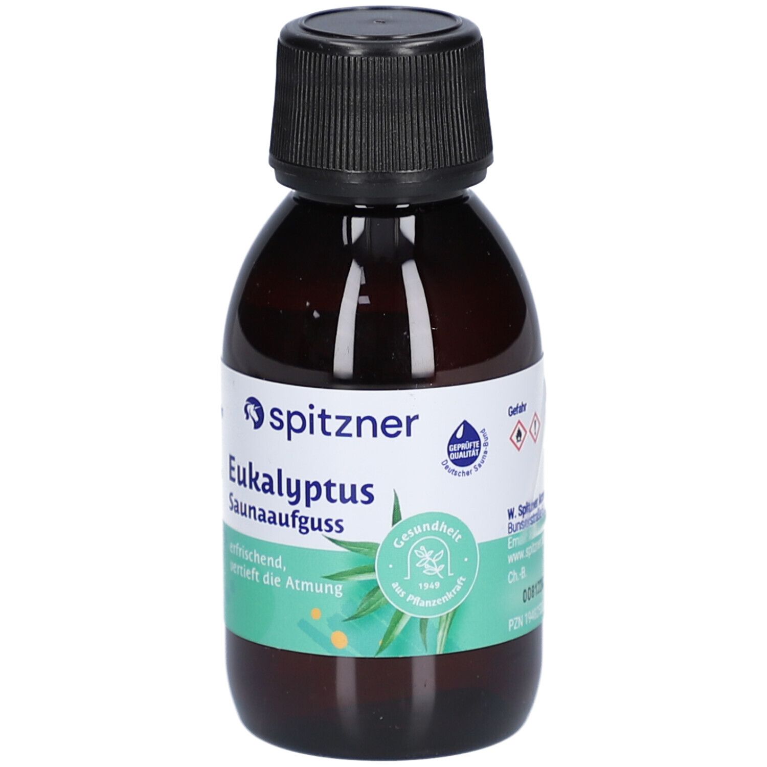 Braune Flasche mit schwarzem Verschluss. Auf dem Etikett steht "spitzner Eukalyptus Saunaaufguss". Grün-weißes Etikett.