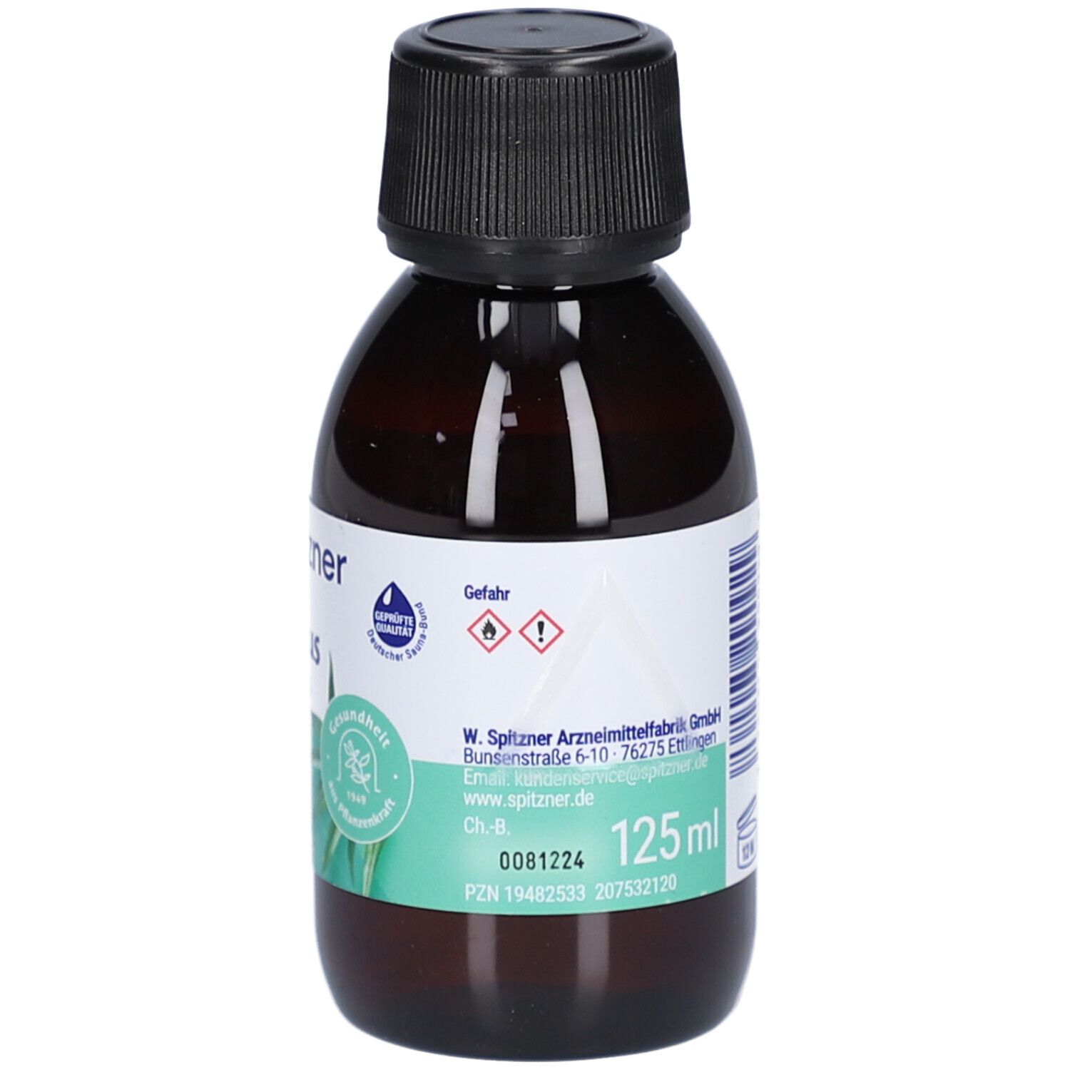 Braune Flasche mit schwarzem Verschluss. Auf dem Etikett steht "125 ml". Gefahrensymbole und Text.