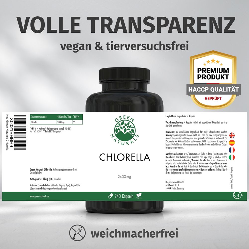Flacon noir avec étiquette. Informations : Vegan, non testé sur les animaux, Produit Premium, Qualité HACCP.