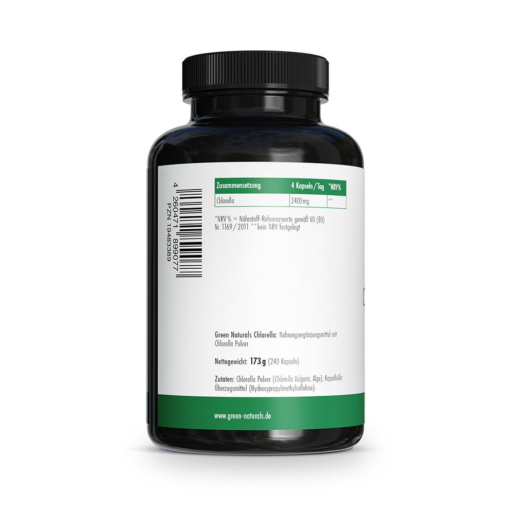 Arrière d'un flacon de Chlorelle avec informations nutritionnelles et ingrédients. 173g (240 gélules).