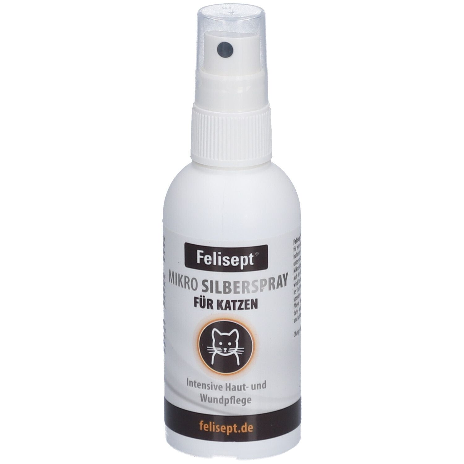 Weiße Sprühflasche mit Felisept Mikro Silberspray für Katzen. Schwarzer Aufdruck, Katzen-Symbol. Sprühkopf.