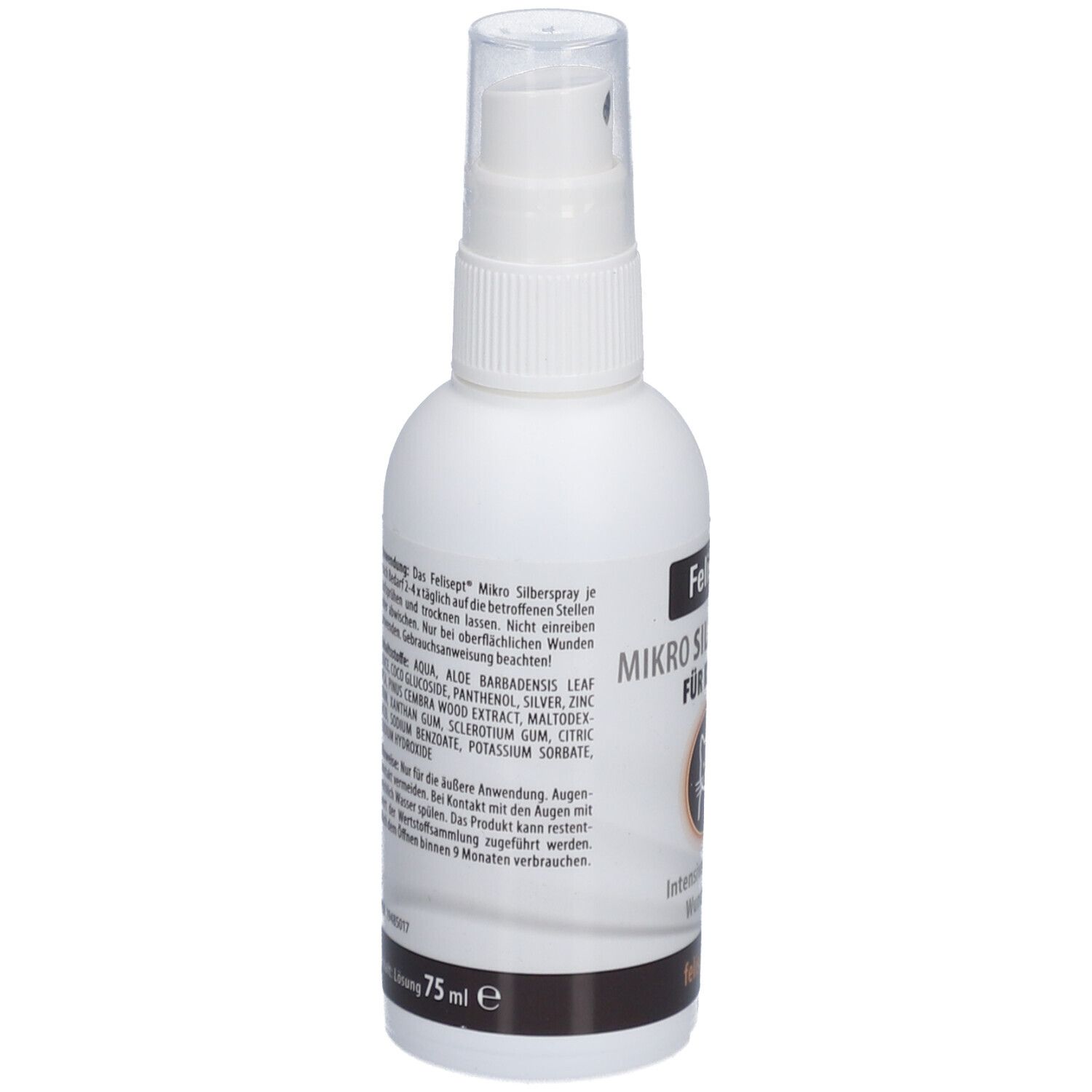Weiße Sprühflasche, Felisept Mikro Silberspray für Katzen. Text auf der Seite, Inhaltsstoffe und Anwendungshinweise.