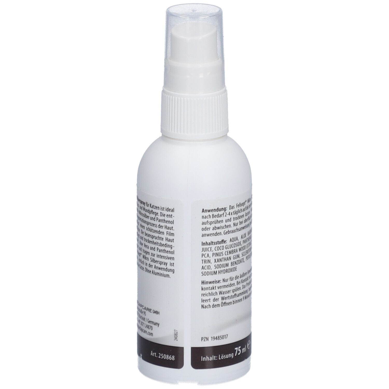 Weiße Sprühflasche, Felisept Mikro Silberspray für Katzen. Text auf der Seite, Inhaltsstoffe und Anwendungshinweise.