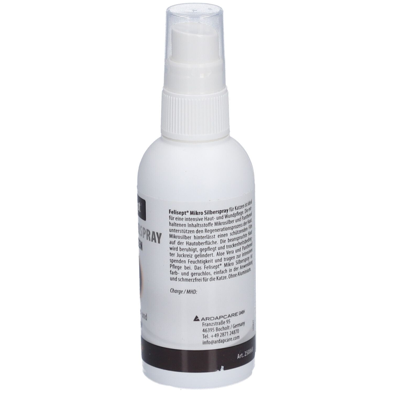 Weiße Sprühflasche, Felisept Mikro Silberspray für Katzen. Text auf der Seite, Herstellerinformationen und Chargennummer.