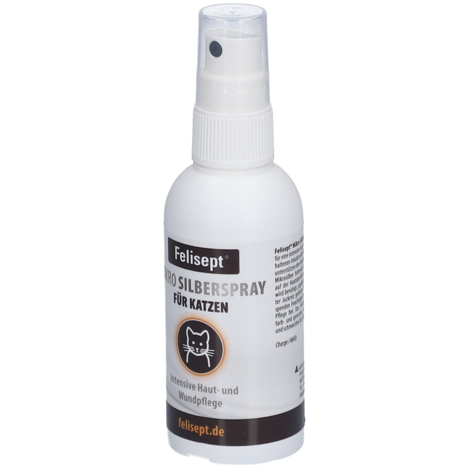 Weiße Sprühflasche, Felisept Mikro Silberspray für Katzen. Vorderansicht, Produktname und Katzen-Symbol.