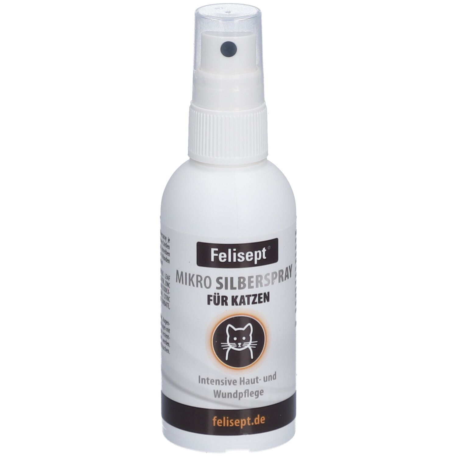 Weiße Sprühflasche, Felisept Mikro Silberspray für Katzen. Vorderansicht, Produktname und Katzen-Symbol.