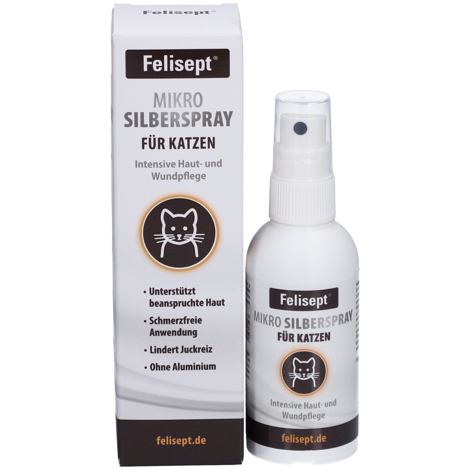Felisept Mikro Silberspray für Katzen und Verpackung. Produktname, Katzen-Symbol, Text. Weiße Flasche und Schachtel.