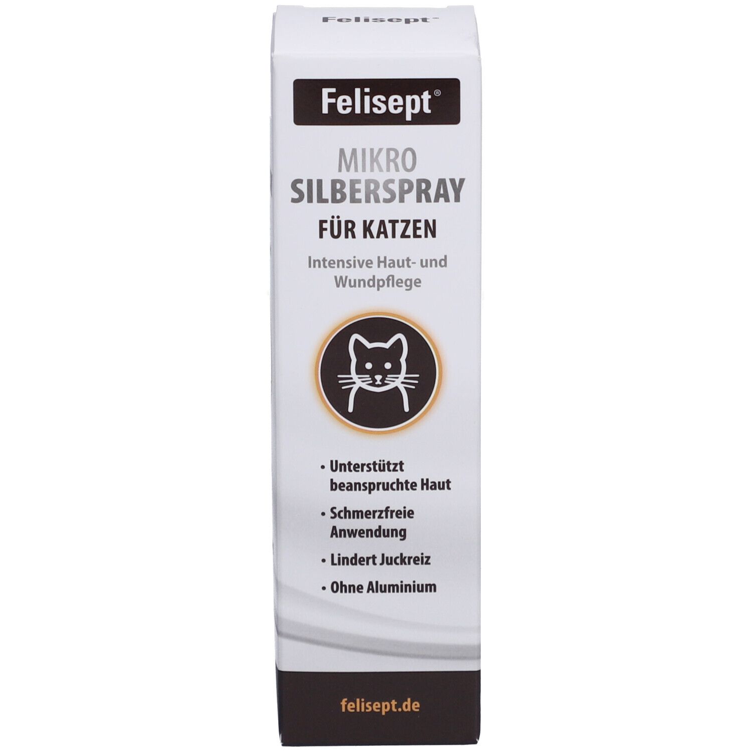 Verpackung von Felisept Mikro Silberspray für Katzen. Produktname, Katzen-Symbol, Text. Weiße Schachtel.