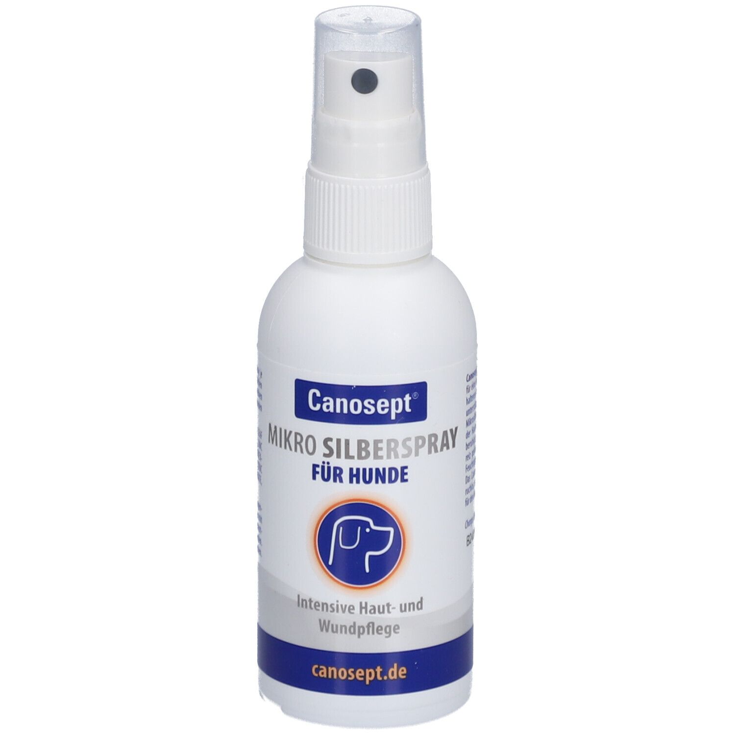Weiße Sprühflasche mit blauem Etikett. Aufschrift: Canosept Mikro Silberspray für Hunde. Mit Sprühkopf.