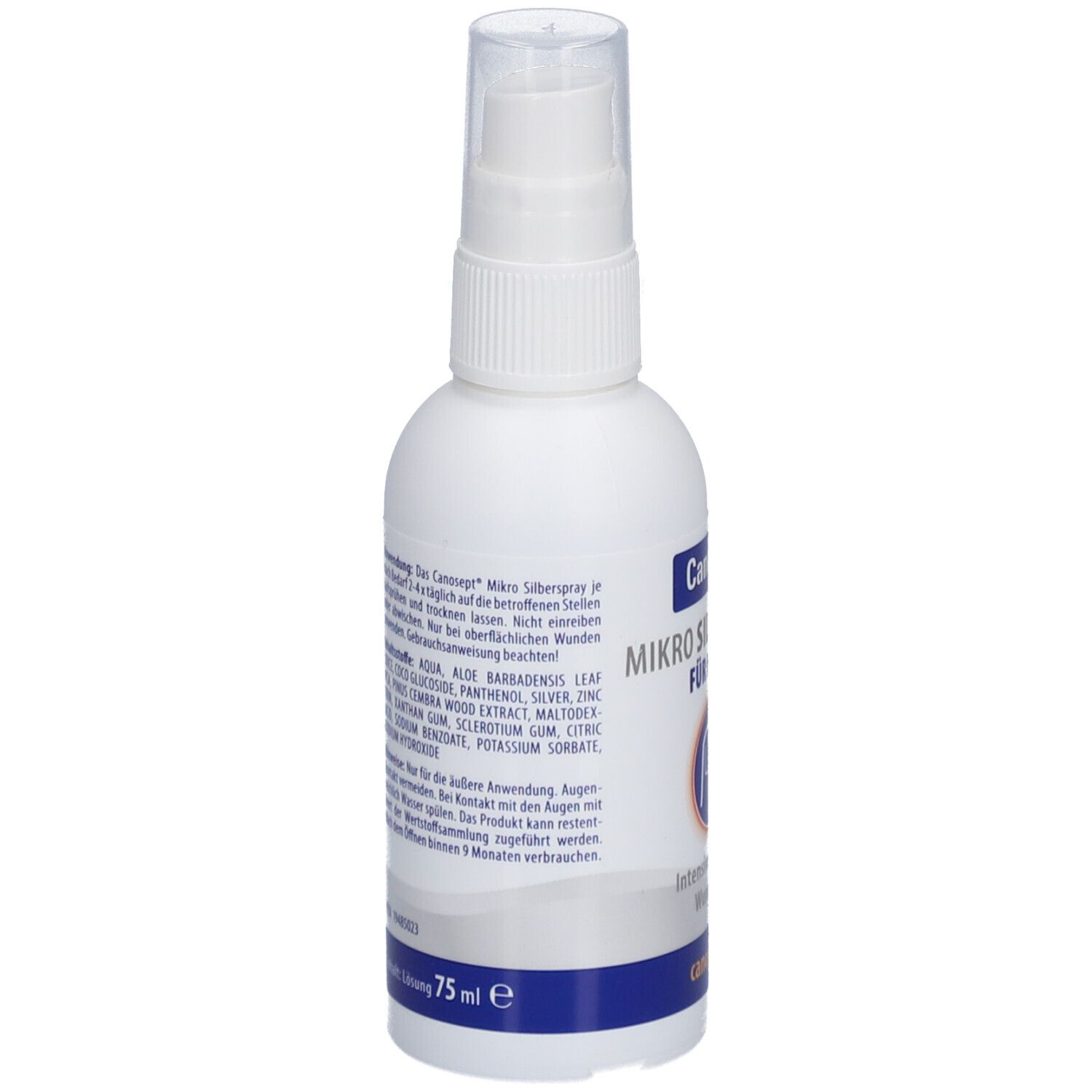 Weiße Sprühflasche mit Text. Rückseite mit Inhaltsstoffen und weiteren Informationen. Blaue Schrift.