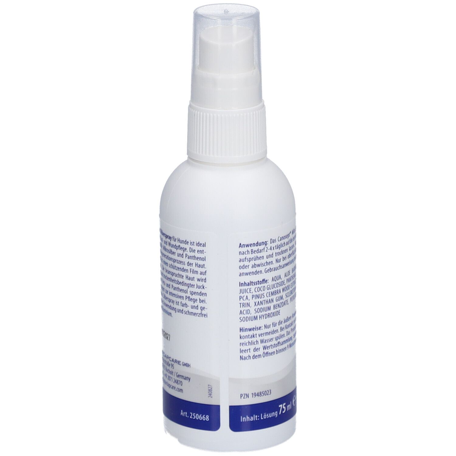 Weiße Sprühflasche mit Text. Rückseite mit Anwendungshinweisen und weiteren Informationen. Blaue Schrift.