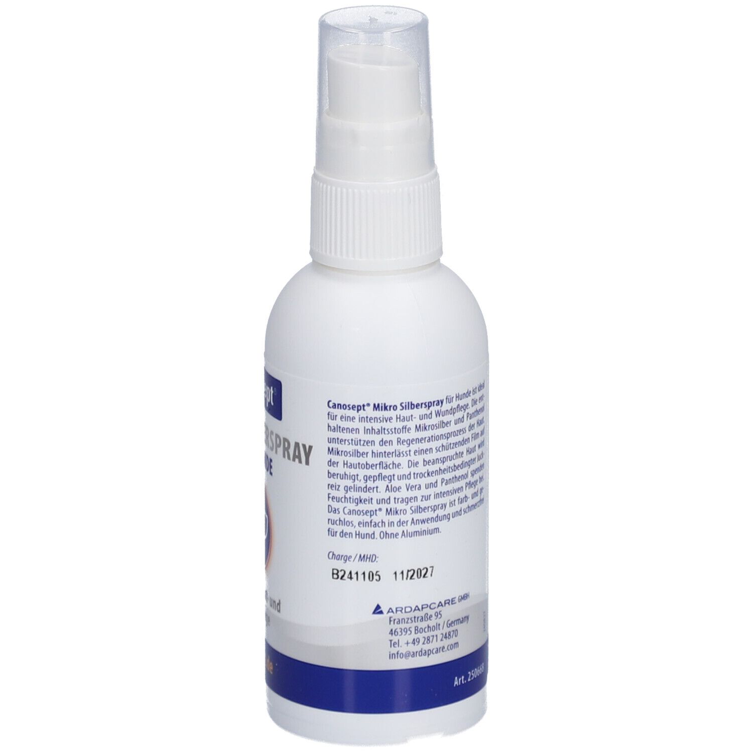 Weiße Sprühflasche mit Text. Rückseite mit weiteren Informationen. Blaue Schrift. Herstelleradresse.