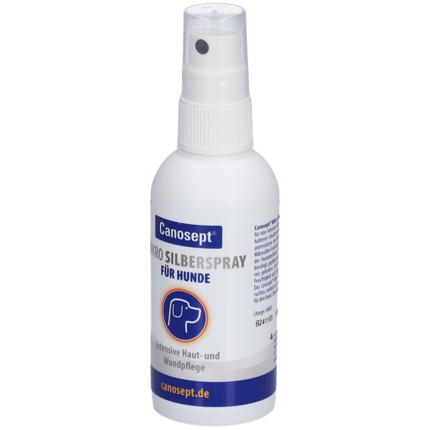 Weiße Sprühflasche mit blauem Etikett. Aufschrift: Canosept Mikro Silberspray für Hunde. Mit Sprühkopf.