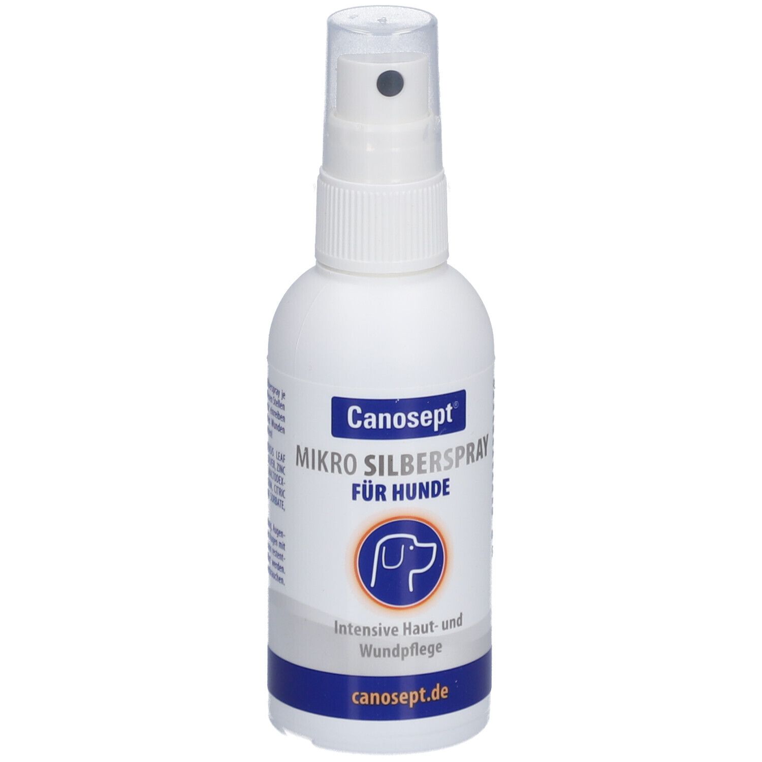 Weiße Sprühflasche mit blauem Etikett. Aufschrift: Canosept Mikro Silberspray für Hunde. Mit Sprühkopf.