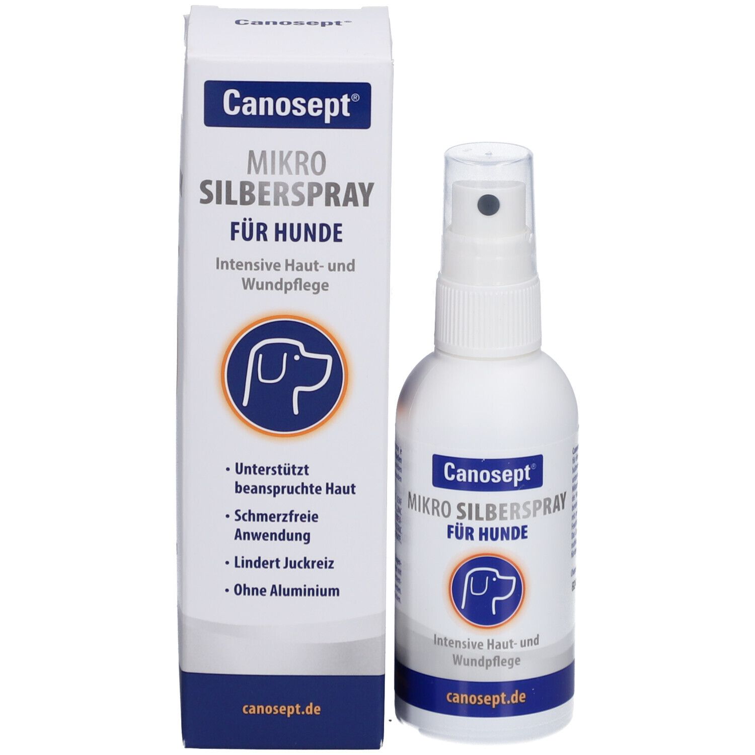 Produktverpackung und Sprühflasche. Verpackung: weiß mit blauem Etikett. Aufschrift: Canosept Mikro Silberspray für Hunde.