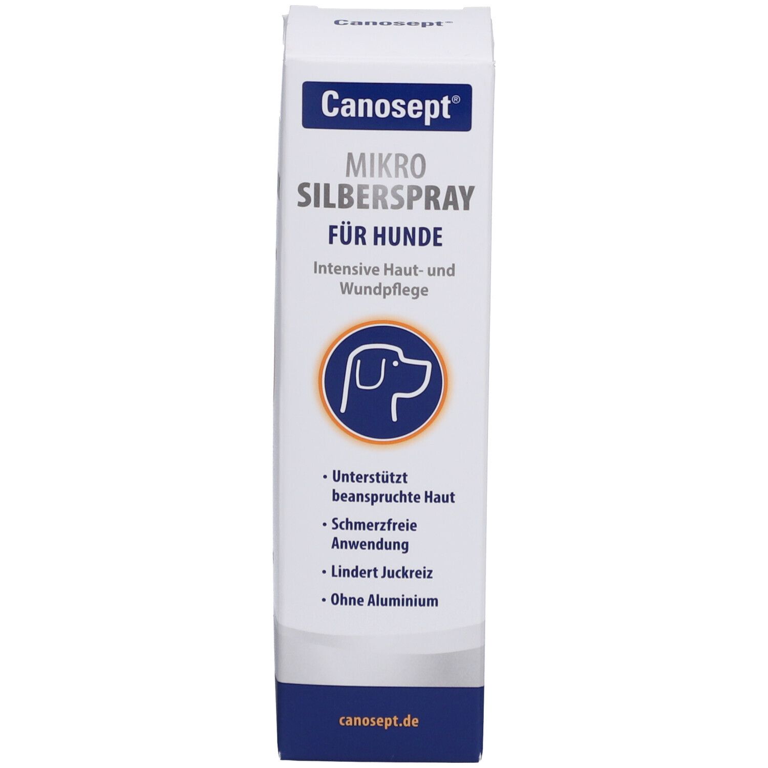 Produktverpackung, weiß mit blauem Etikett. Aufschrift: Canosept Mikro Silberspray für Hunde. Text und Logo.