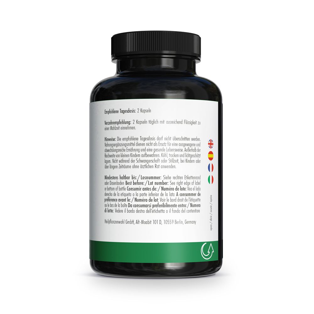 Rückseite der grünen Flasche. Text: Empfohlene Tagesdosis: 2 Kapseln. Mindestens haltbar bis/Losnummer.