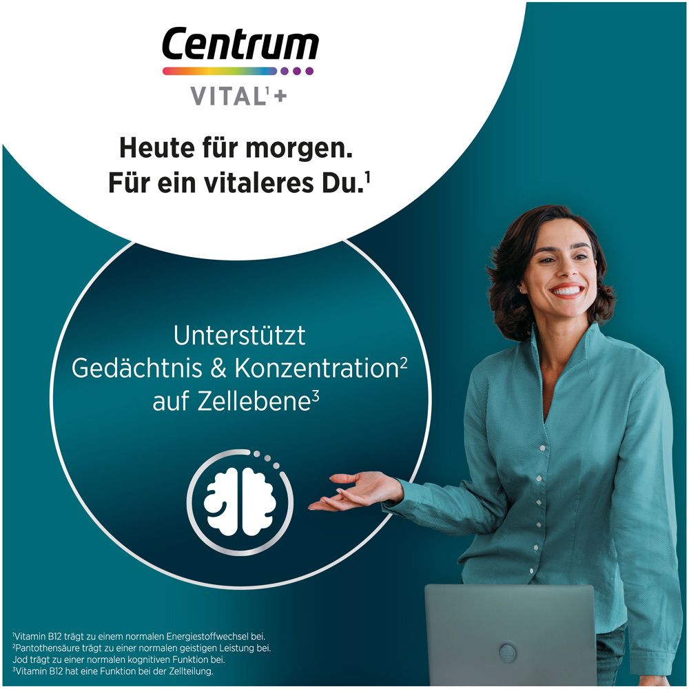 Femme avec ordinateur portable. Texte: Soutient la mémoire et la concentration au niveau cellulaire. Centrum Vital+.