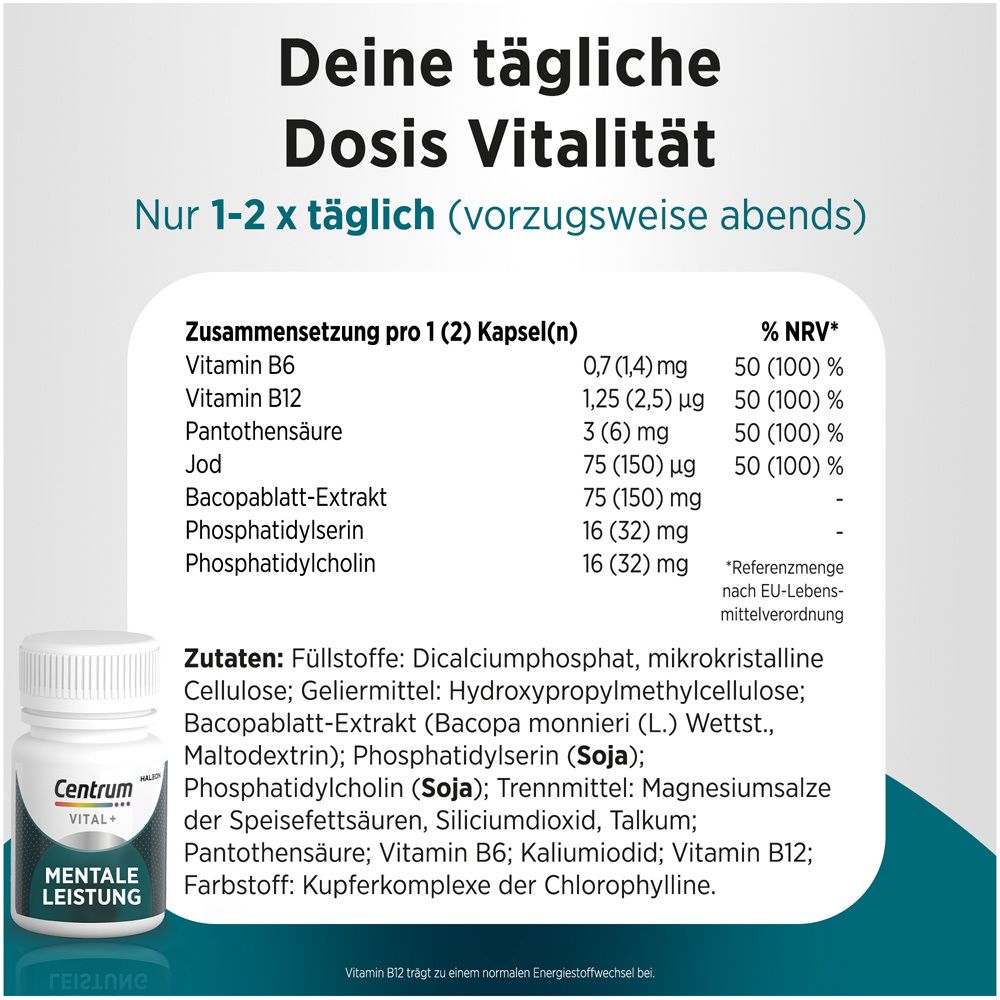 Flacon Centrum Vital+. Ingrédients: Vitamine B6, B12, acide pantothénique, iode, Bacopa, phosphatidylsérine, etc.