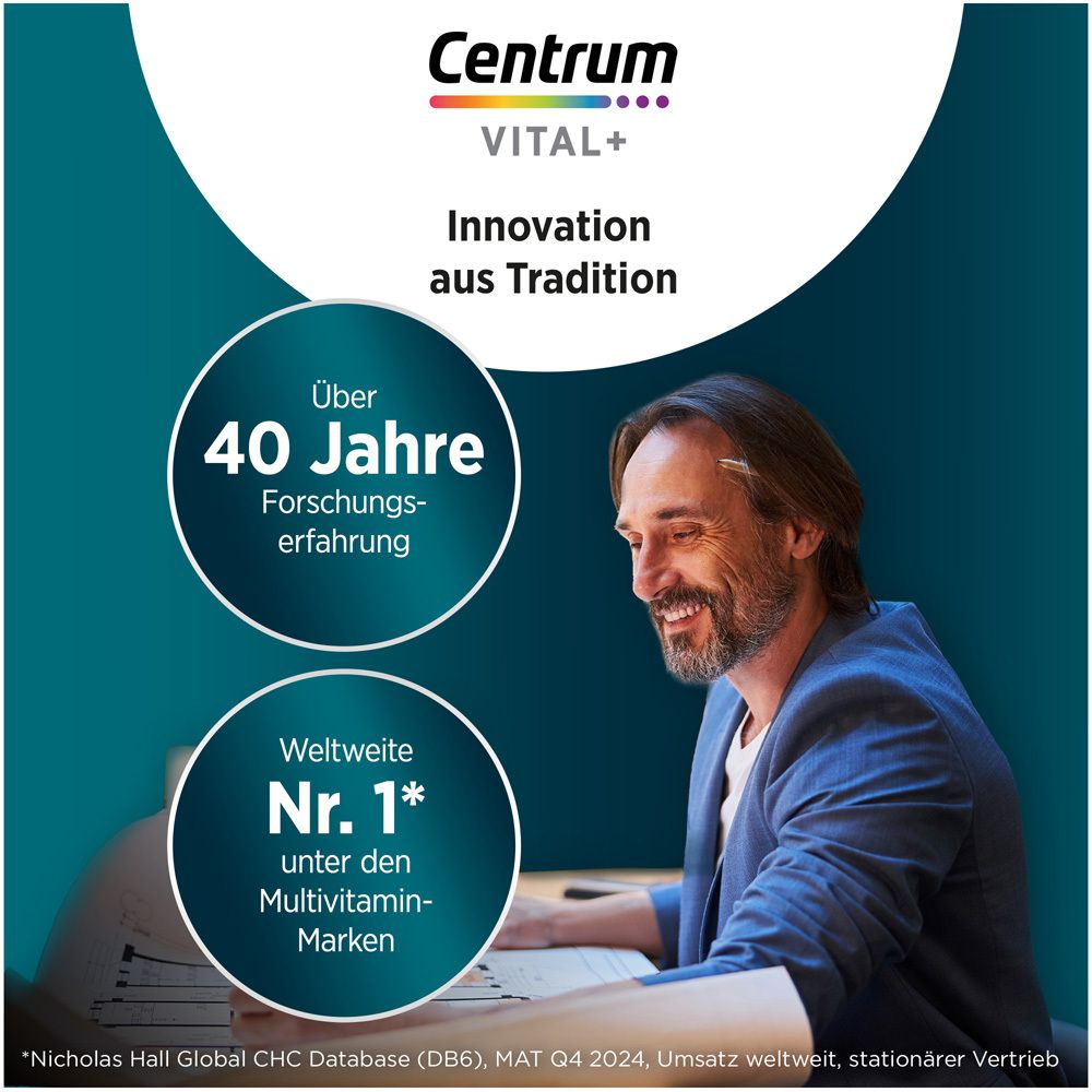Homme au bureau. Texte : Plus de 40 ans d'expérience en recherche. N° 1 mondial des marques de multivitamines.