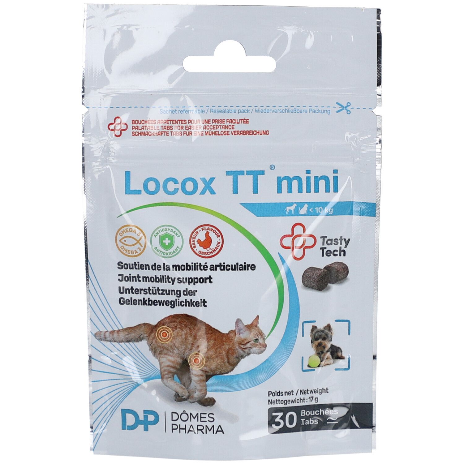Sachet de comprimés "Locox TT mini". Inscriptions : "Joint mobility support", chat, chien, 30 comprimés, 17g.